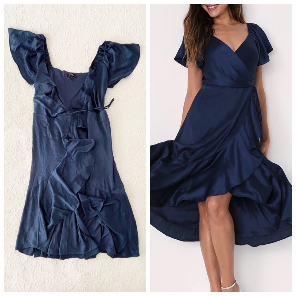 NWOT Lulus Serene Sight Navy Blue Midi Wrap Dress Large